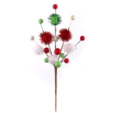 Christmas Red, White and Green Glittered Pom Pom and Berry Pick, 11 Inch (Lot Of 4 Picks) SALE ITEM